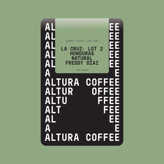Altura Coffee Honduras La Cruz Lot 2 natural single origin coffee bag with black and sage green label