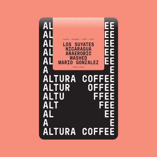 Altura Coffee Nicaragua Los Suyates anaerobic washed single origin coffee bag with black and coral label